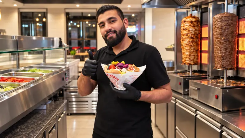 Een medewerker van Bist Arnhem met een vers belegd broodje döner bij de döner-spiezen